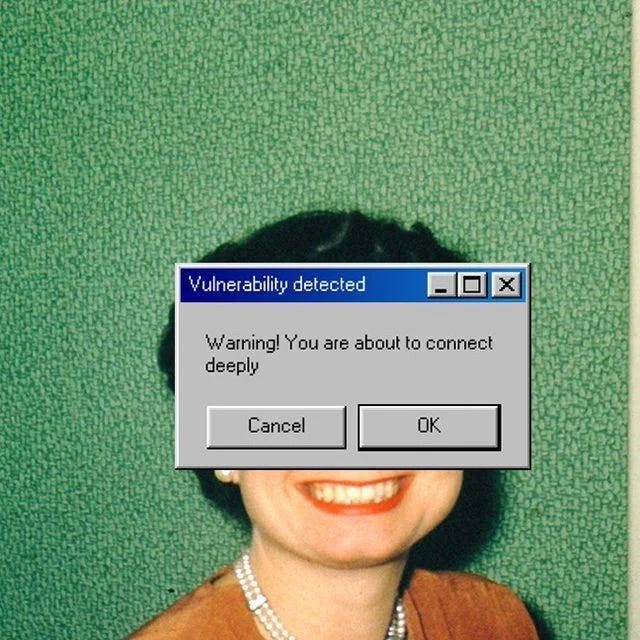 This may contain: a woman is smiling and looking at the camera with an error message on her face
