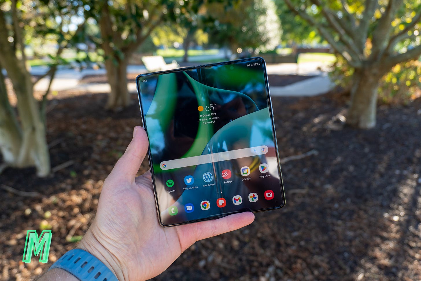 The Samsung Galaxy Z Fold 4 unfolded in a park.