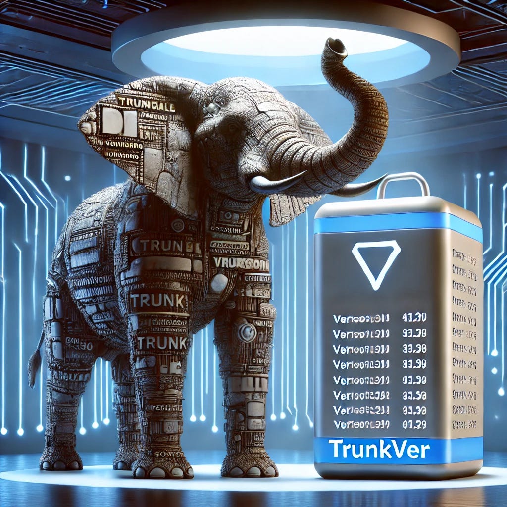 A powerful elephant standing next to a large digital trunk filled with software version numbers. The scene represents a robust versioning system like TrunkVer. The background is a futuristic software development lab.