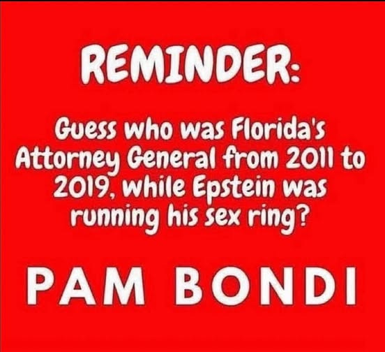 May be an image of text that says 'REMINDER: Guess who was Florida's Attorney General from 2011 to 2019, while Epstein was running his sex ring? PAM BONDI'