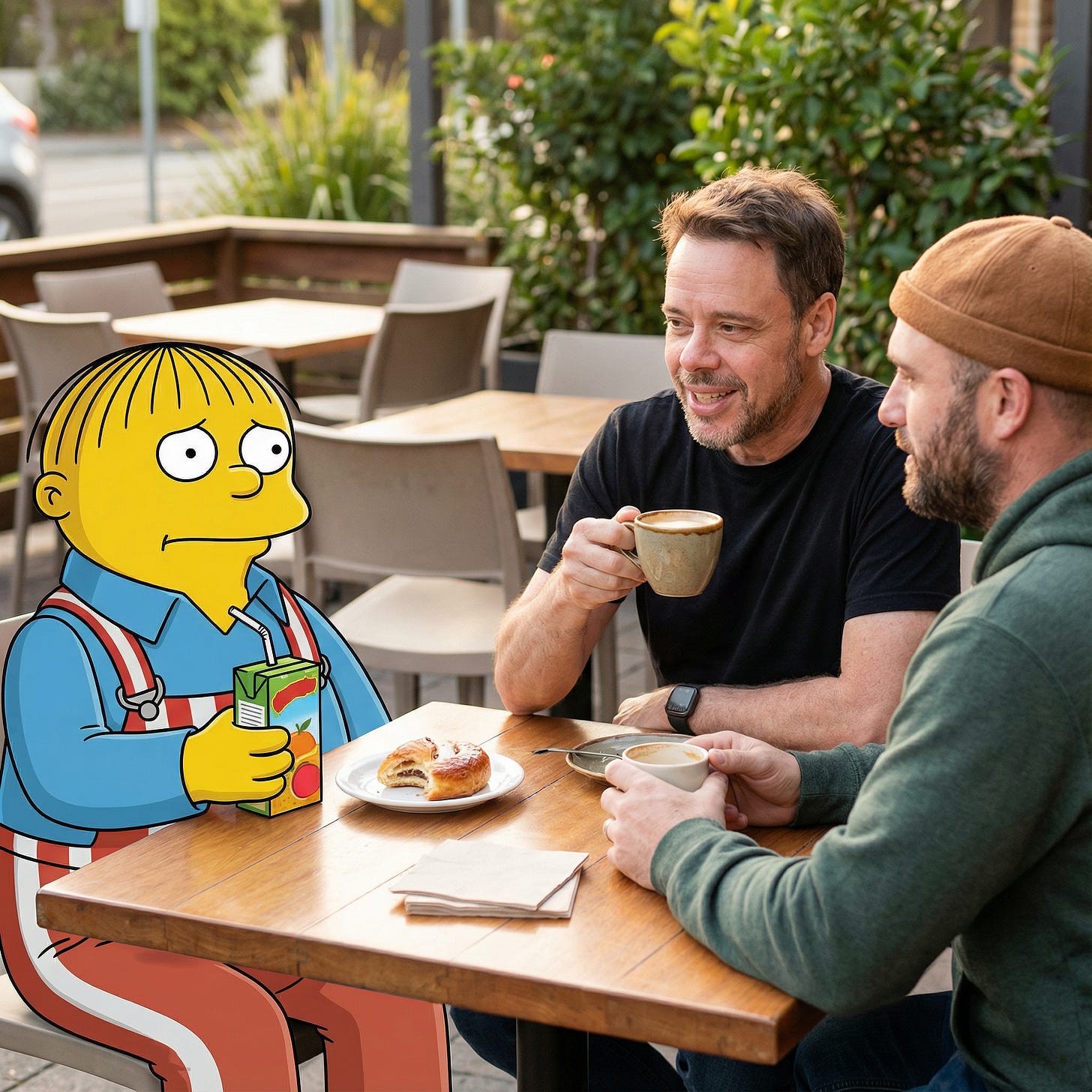 Ralph Wiggum, Steve Yegge and Geoffrey Huntley having coffee 1 Ralph Wiggum, Steve Yegge and Geoffrey Huntley having coffee 1