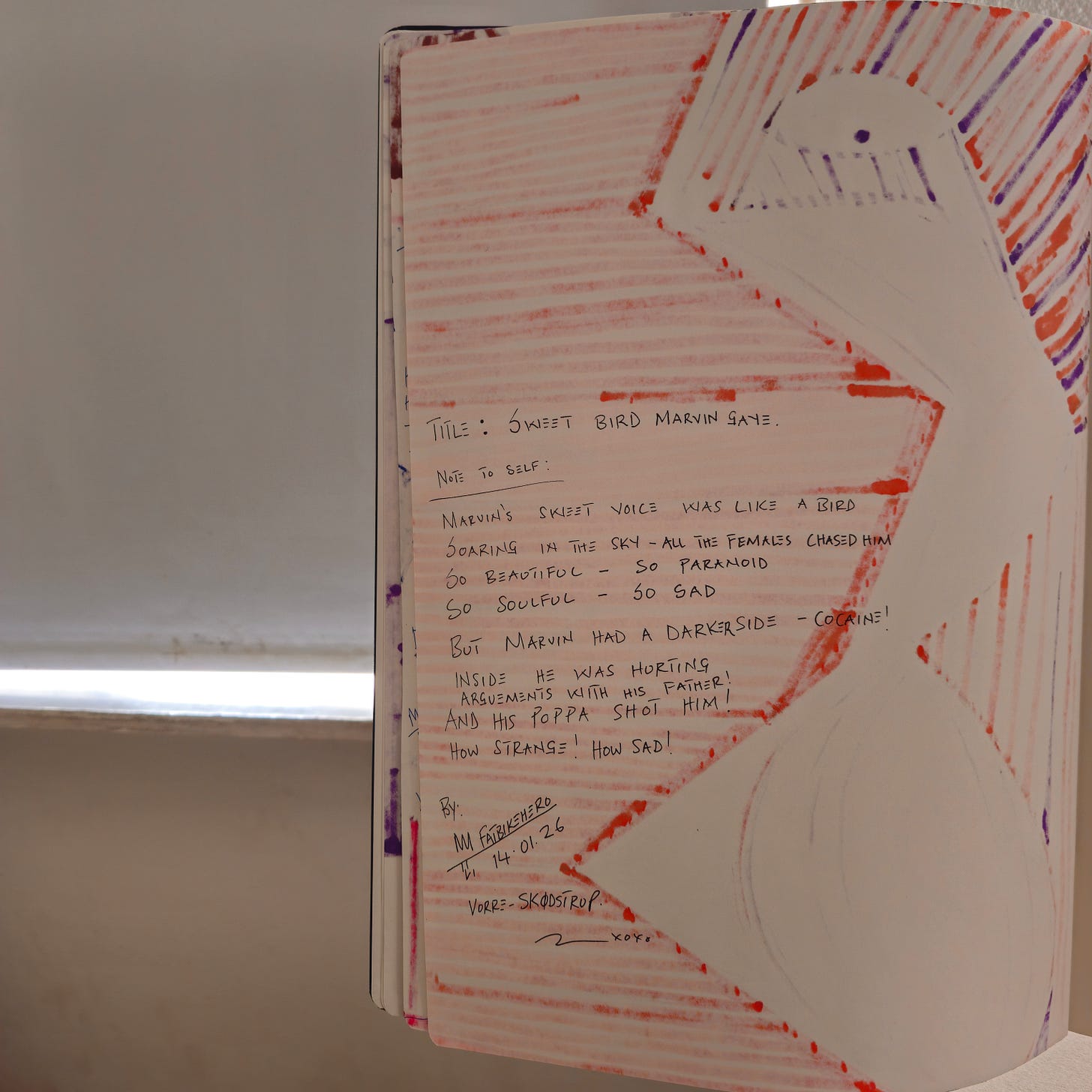 Alt Text:  The handwritten reverse side of a sketchbook page by artist FatbikeHero. Red ink script details thoughts on Marvin Gaye's life, voice, and tragic death by his father's hand. Dated 14.01.26, Vorre-Skodstrup.