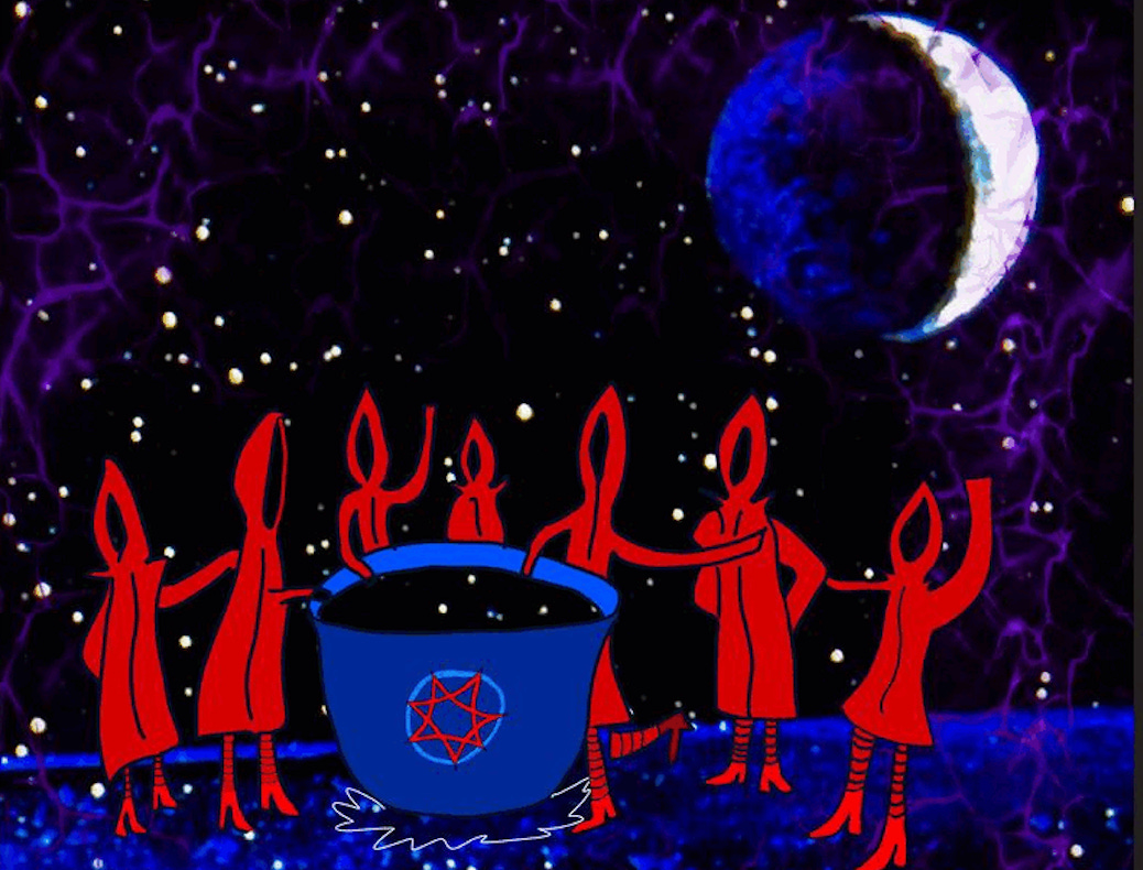 A coven of witches around a cauldron