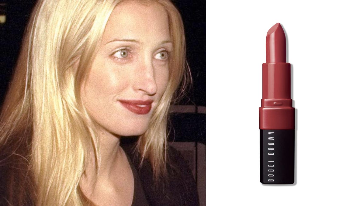 A bullet of Bobbi Brown Crushed Lip Color in 'Ruby,' a soft, blotted red lipstick that replicates the signature stained-lip look of Carolyn Bessette Kennedy in the 90s.