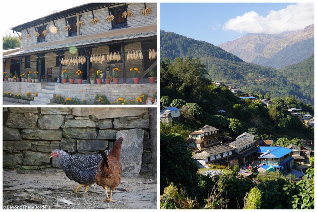 Views around the village.  Corn hanging to dry around a building porch, chickens in front of a stone building, and building nestled in the green hills.