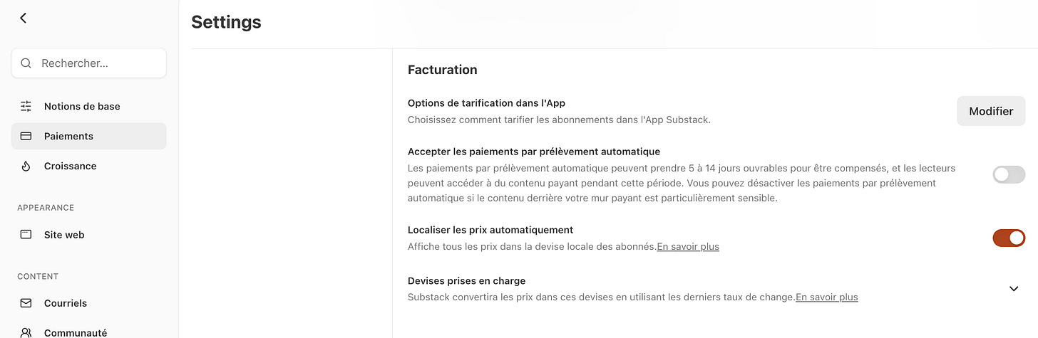 Paramètres de facturation d’une newsletter payante sur Substack avec les options de tarification dans l’application et de localisation des prix.