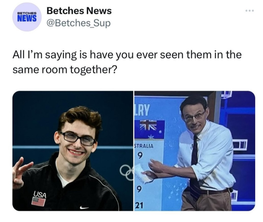 Side-by-side photos of pommel horse Olympian Steve Nedoroscik and political stats enthusiast Steve Kornacki captioned, All I’m saying is have you ever seen them in the same room together?