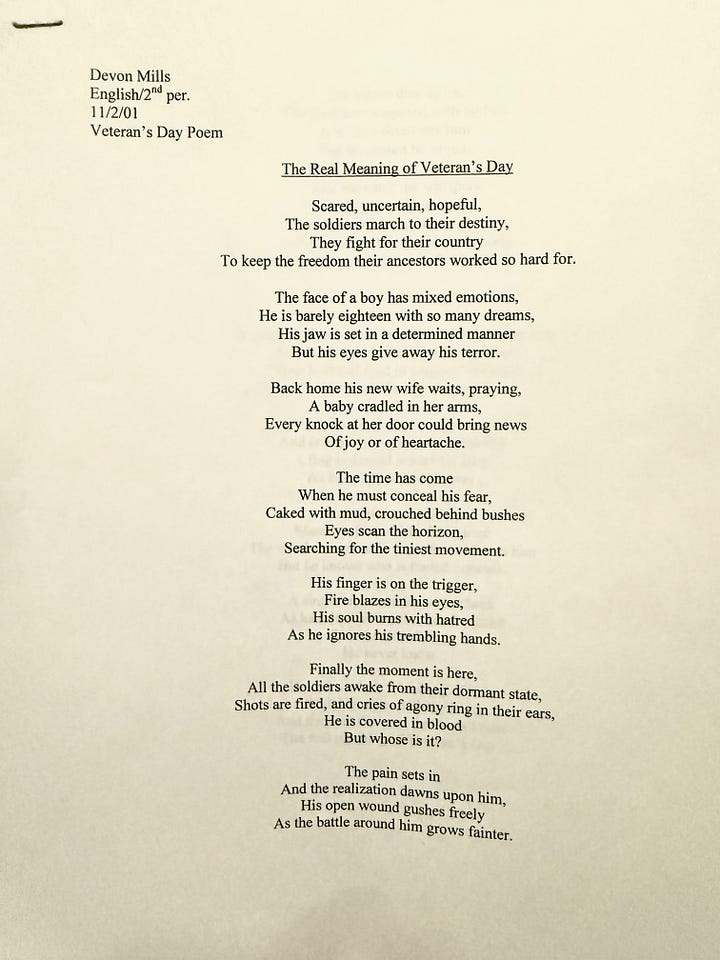 Terrible Veterans Day poem written by a ninth grader.
