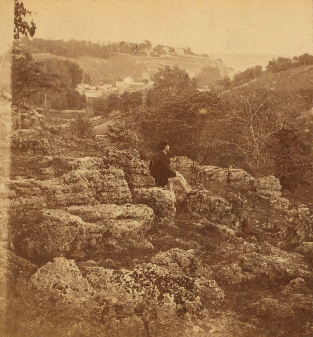 Scenic view of the bluffs with a lonely sightseer. (1850 - 1930) by Samuel Root Scenic view of the bluffs with a lonely sightseer. (1850 - 1930) by Samuel Root