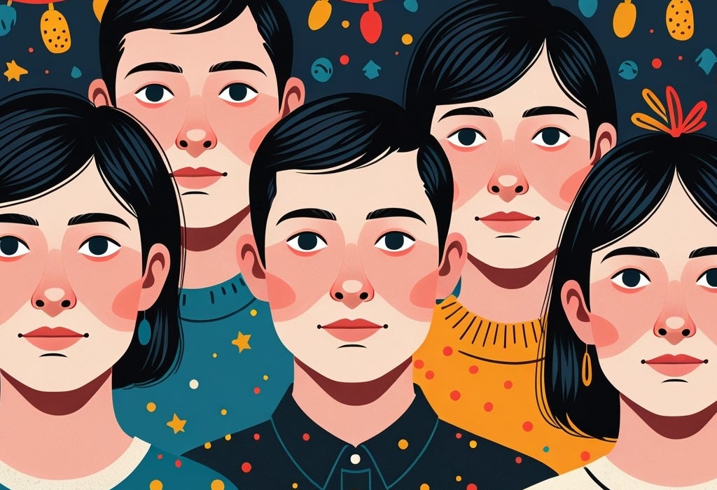 The illustration shows people of different genders and ethnicities who have the same facial features but are dressed differently.