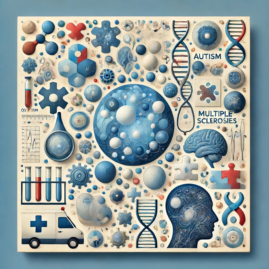 Create a visually appealing and artistic square image that represents an interview with Dr. Kenneth Stoller. Focus on themes of oxygen, autism, and multiple sclerosis (MS). Include elements such as abstract representations of oxygen molecules, symbols for autism (like puzzle pieces), and visual hints of multiple sclerosis (such as nerve imagery). Use a calming color palette with blues, whites, and soft tones to evoke a sense of tranquility and medical professionalism. Create a visually appealing and artistic square image that represents an interview with Dr. Kenneth Stoller. Focus on themes of oxygen, autism, and multiple sclerosis (MS). Include elements such as abstract representations of oxygen molecules, symbols for autism (like puzzle pieces), and visual hints of multiple sclerosis (such as nerve imagery). Use a calming color palette with blues, whites, and soft tones to evoke a sense of tranquility and medical professionalism.