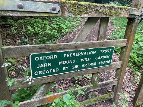  a cottage hidden by hedge; Buttercups in a field; a sign about Jarn Mound