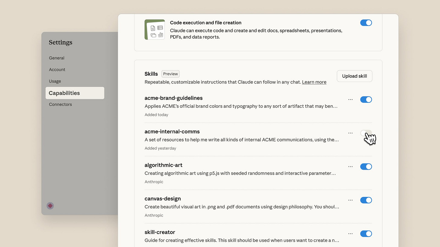 Screenshot of Claude's Settings interface showing the Capabilities section with Skills feature. Screenshot of Claude's Settings interface showing the Capabilities section with Skills feature.