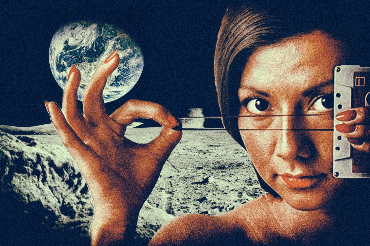 A surreal collage shows a nude woman on the Moon holding a cassette tape recorder, her fingers framing a distant view of Earth against a dark space sky.