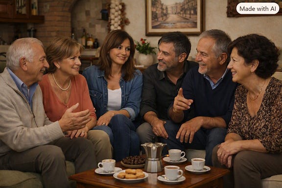 Les quatre parents réunis dans un salon italien Les quatre parents réunis dans un salon italien