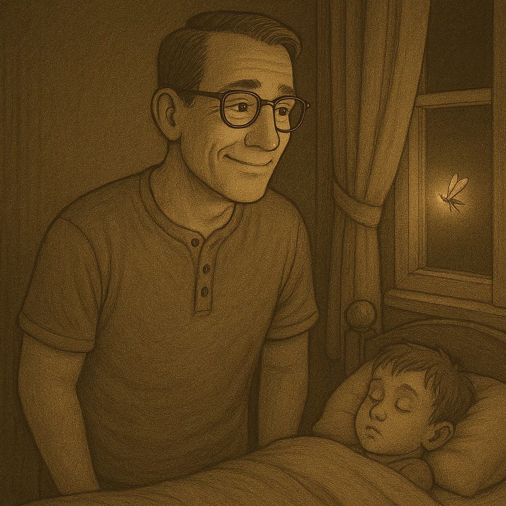 Father smiles softly as he watches a glowing firefly near his sleeping son in a dimly lit bedroom.