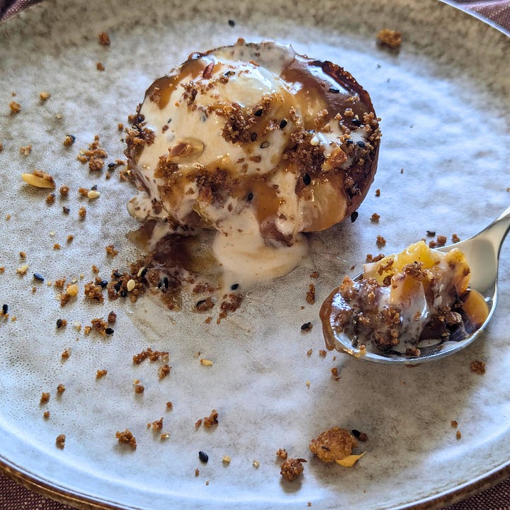 An assortment of desserts topped with dessert furikake, including a close-up of the mix itself, ice cream with caramel drizzle, strawberry mousse cake, sweet potato tart, and grilled peaches with ice cream.