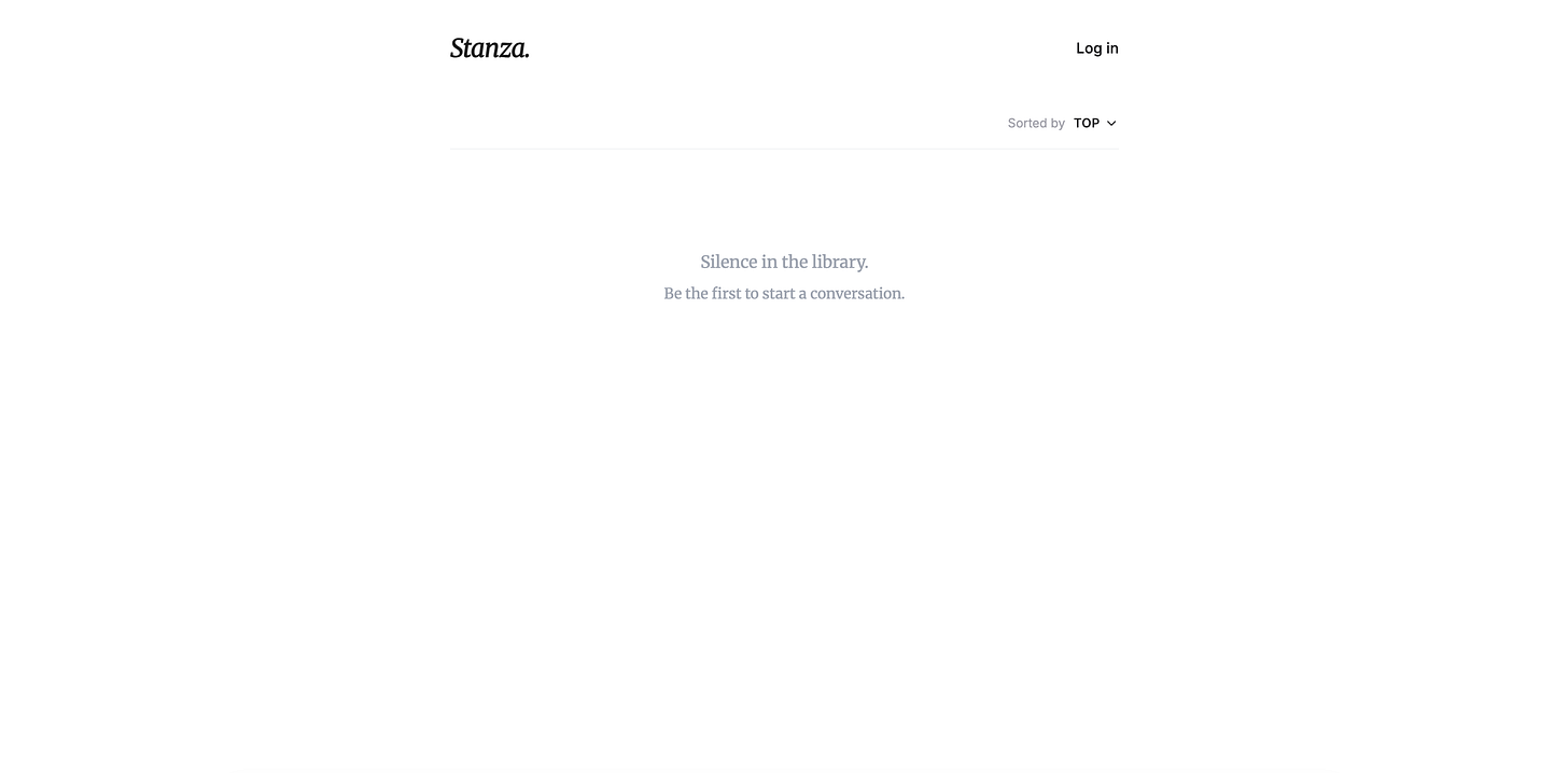 A minimalist white web page displays the application logo and a message indicating no posts exist yet. A minimalist white web page displays the application logo and a message indicating no posts exist yet.