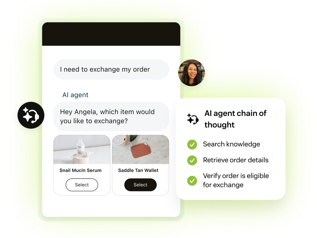 An AI agent facilitating a customer’s order exchange, with the agent's internal chain of thought displayed next to the response An AI agent facilitating a customer’s order exchange, with the agent's internal chain of thought displayed next to the response