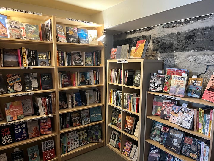 Me with pink hair, new glasses and a fabulous dress. A cozy corner of the bookstore.