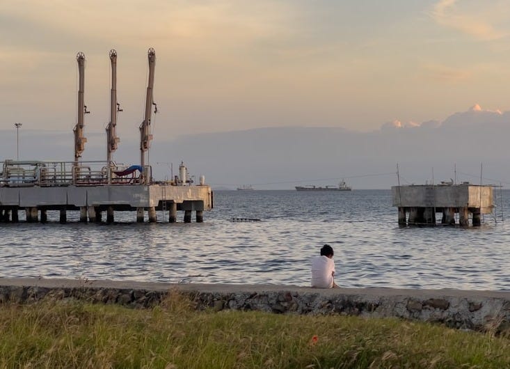 a person sitting on the shore of a body of water