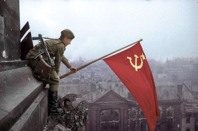 On May 2, 1945, Soviet troops occupied the Berlin Reichstag, planting the Soviet  flag on its roof after a two-week battle. The Red Army was led by Marshals  Georgy Zhukov and Ivan