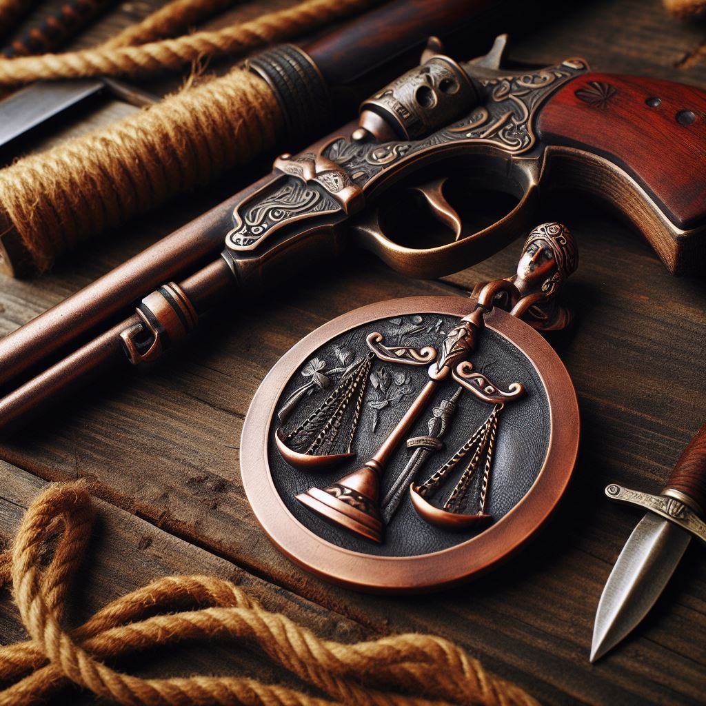 A copper pendant: embossed with scale of justice, overlaid with two crossed swords; sitting on a rough wooden table next to a old, black powder, two-shot pistol A copper pendant: embossed with scale of justice, overlaid with two crossed swords; sitting on a rough wooden table next to a old, black powder, two-shot pistol