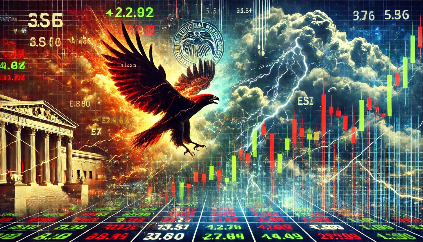 A dynamic and visually striking illustration capturing market turbulence: a digital stock market board showing red and green numbers, an abstract representation of a hawk flying over, symbolizing a 'hawkish' Federal Reserve policy. In the background, a stormy sky with lightning bolts symbolizes economic uncertainty, and a cluster of corporate logos and financial charts represent earnings reports. The image blends realism and abstraction, emphasizing financial volatility and dramatic tension.