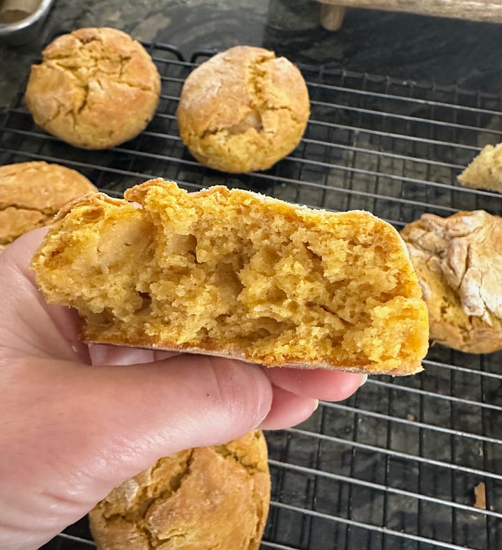 Half of a gluten-free sweet potato scone so you can see the inside.