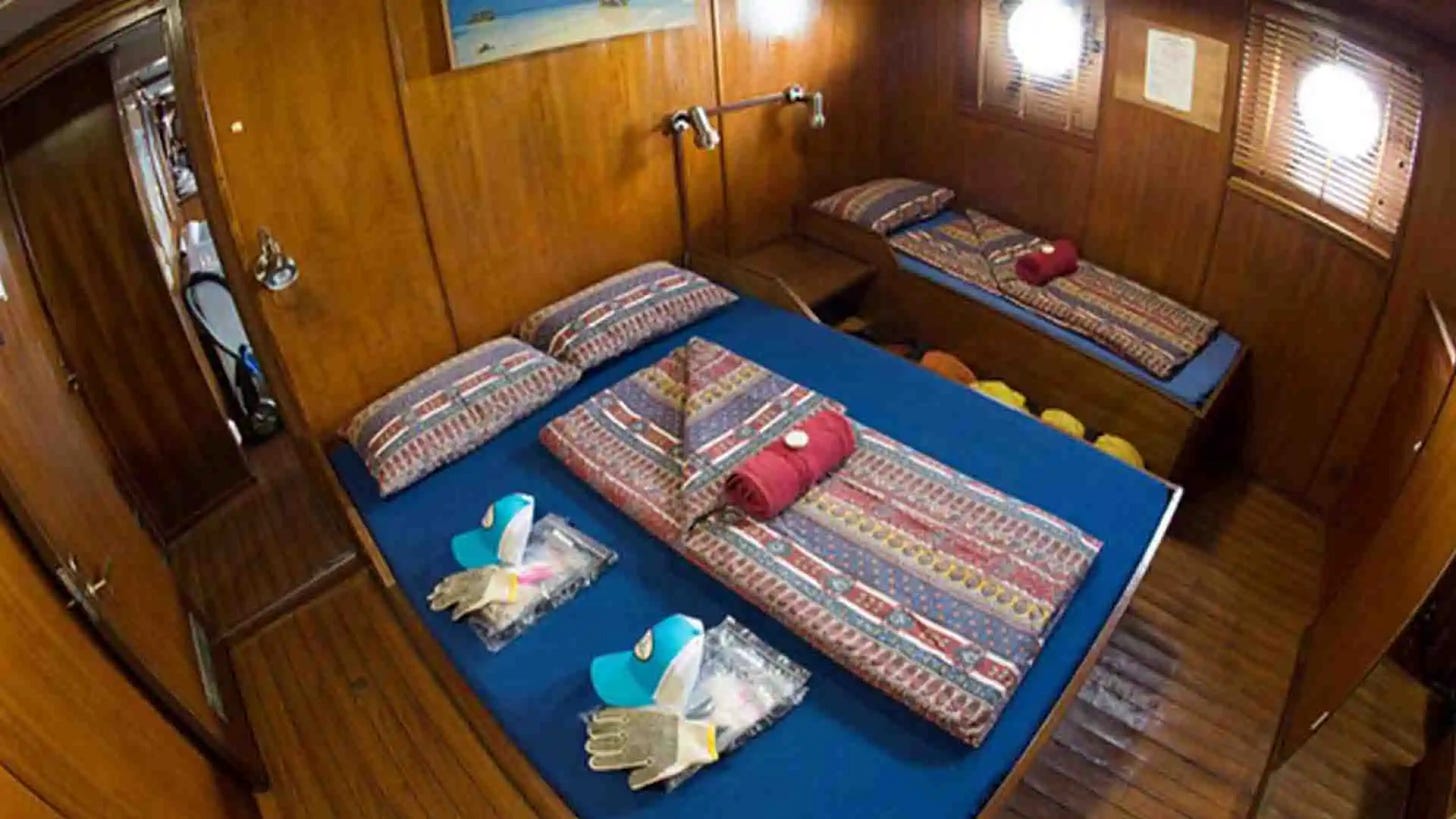 The Maya's Dugong, a 135-foot expedition vessel, and your home base for the week, has seven air-conditioned cabins with a private bathroom and shower. Two guests per cabin.