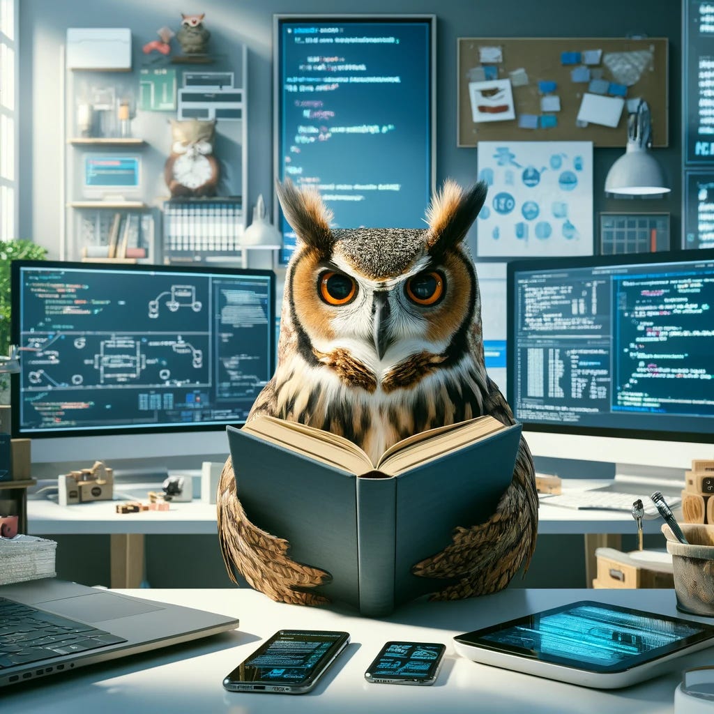 An owl wearing glasses reading a book in a modern tech environment. The owl is perched on a sleek desk with multiple computer monitors displaying code and data, surrounded by gadgets like a smartphone, a tablet, and a laptop. The background includes elements like a whiteboard with diagrams and notes, and shelves with tech books and components. The setting is well-lit with a mix of natural and artificial light, creating a vibrant and engaging atmosphere.