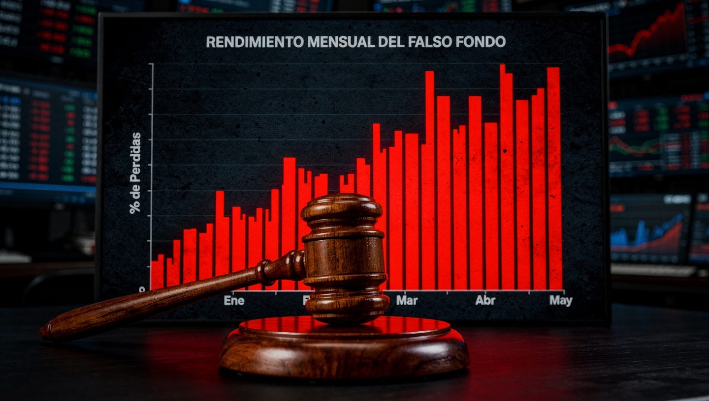 Una fotografía de estilo editorial financiero con una estética sobria y oscura tipo terminal Bloomberg. La imagen muestra un mazo judicial de madera pulida descansando sobre un bloque de sonido en primer plano. Detrás del mazo, un gráfico de barras descendentes y abruptas cae en picado a través de una pantalla oscura y texturizada, simbolizando pérdidas financieras catastróficas. El gráfico tiene un eje vertical etiquetado '% de Pérdidas' y un eje horizontal con meses cortos (Ene, Feb, Mar, Abr, May), con el título sutil 'RENDIMIENTO MENSUAL DEL FALSO FONDO'. Las barras del gráfico son de un rojo intenso y saturado sobre un fondo negro profundo, gris oscuro y azul marino. La iluminación es tenue y direccional, resaltando la textura de la madera del mazo y el brillo de las barras rojas. El fondo oscuro muestra sutilmente elementos borrosos de pantallas financieras y datos complejos. La composición es dramática y seria, con enfoque nítido en el mazo y el gráfico. Fotografía editorial de alta calidad, grano fino. Una fotografía de estilo editorial financiero con una estética sobria y oscura tipo terminal Bloomberg. La imagen muestra un mazo judicial de madera pulida descansando sobre un bloque de sonido en primer plano. Detrás del mazo, un gráfico de barras descendentes y abruptas cae en picado a través de una pantalla oscura y texturizada, simbolizando pérdidas financieras catastróficas. El gráfico tiene un eje vertical etiquetado '% de Pérdidas' y un eje horizontal con meses cortos (Ene, Feb, Mar, Abr, May), con el título sutil 'RENDIMIENTO MENSUAL DEL FALSO FONDO'. Las barras del gráfico son de un rojo intenso y saturado sobre un fondo negro profundo, gris oscuro y azul marino. La iluminación es tenue y direccional, resaltando la textura de la madera del mazo y el brillo de las barras rojas. El fondo oscuro muestra sutilmente elementos borrosos de pantallas financieras y datos complejos. La composición es dramática y seria, con enfoque nítido en el mazo y el gráfico. Fotografía editorial de alta calidad, grano fino.