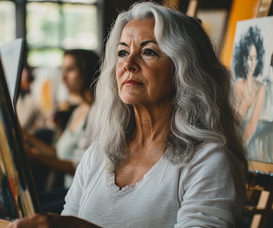 A silver-haired woman focused on her painting during an art workshop, surrounded by others creating at easels.