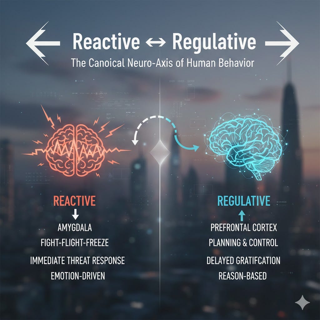 Reactive ↔ Regulative: The Canonical Neuro-Axis of Human Behavior