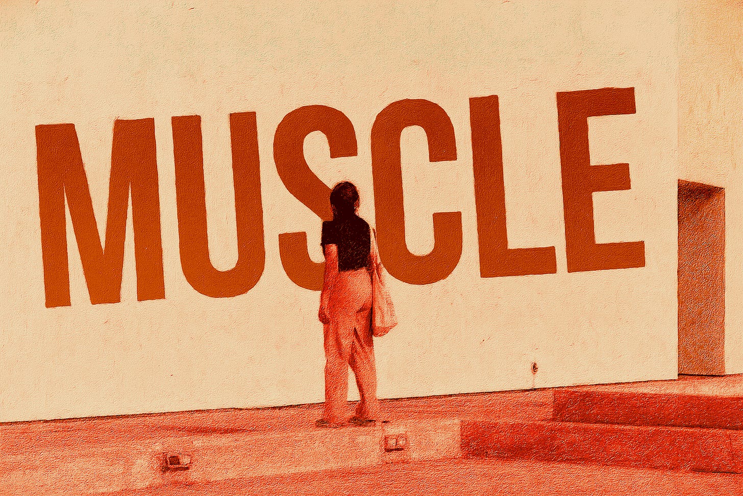 A woman in a museum gazes thoughtfully at the word “Muscle,” written in bold, prominent lettering across a gallery wall. A woman in a museum gazes thoughtfully at the word “Muscle,” written in bold, prominent lettering across a gallery wall.