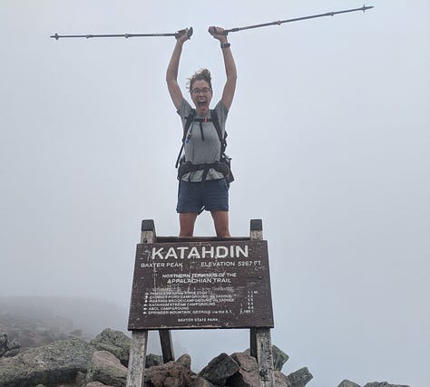 Three photos. Kate is on her road bike leaning low over the handlebars, a smile on her face. In the second, she's at the finish line of Colby Triathlon, her arms spread wide and a huge smile on her face. In the third, she's standing on the summit sign of Mt. Katahdin, hiking poles raised above her head and her mouth open from giving a giant woot yell.