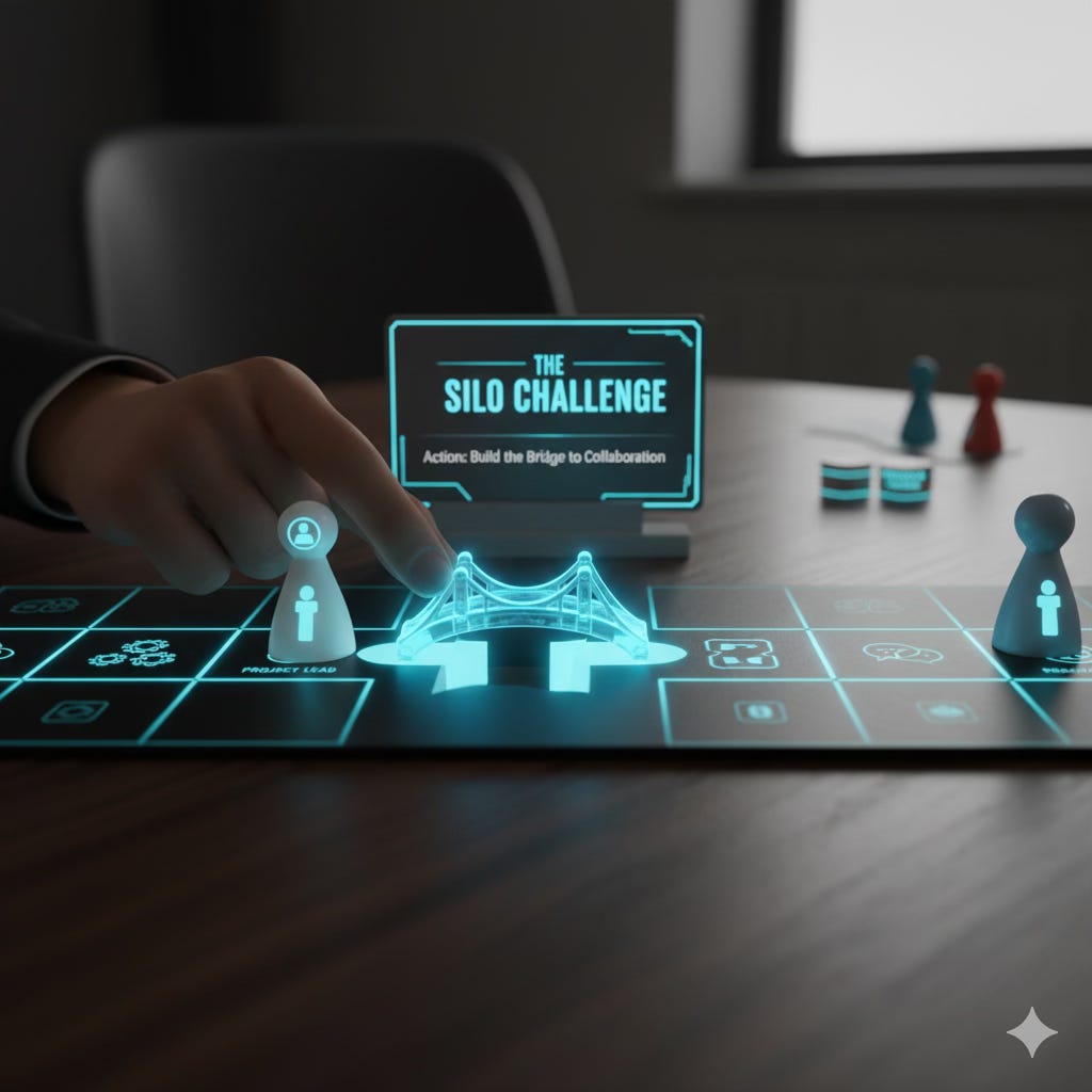 A hand moves a white player pawn on a glowing blue game board. The pawn is placing a glowing blue bridge piece over a gap, connecting two previously separated sections of the board. In the background, a tablet screen displays "THE SILO CHALLENGE" with "Action: Build the Bridge to Collaboration." This symbolizes strategy and uniting siloed teams. A hand moves a white player pawn on a glowing blue game board. The pawn is placing a glowing blue bridge piece over a gap, connecting two previously separated sections of the board. In the background, a tablet screen displays "THE SILO CHALLENGE" with "Action: Build the Bridge to Collaboration." This symbolizes strategy and uniting siloed teams.