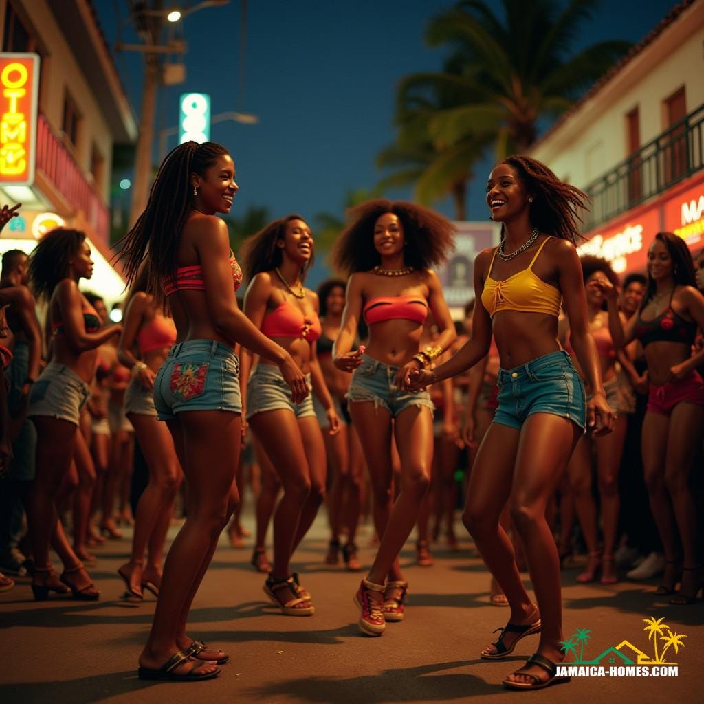 A lively street scene in Jamaica during a traditional sound system event.