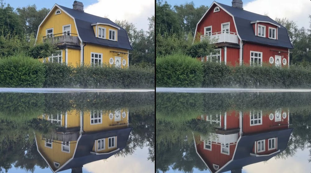 A yellow house and red barn reflected in water

Description automatically generated