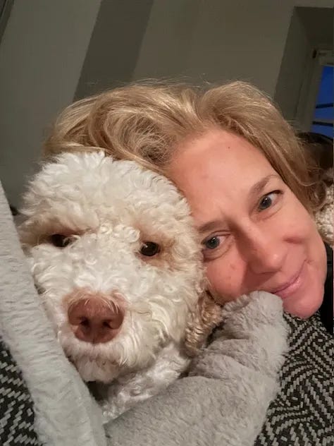 me, my son and fluffy white lagotto do in the dolomites, Coco fluffy white dog, me and Coco