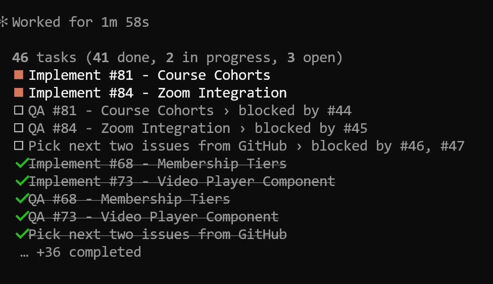Task progress after overnight autonomous work - 46 tasks, 41 completed