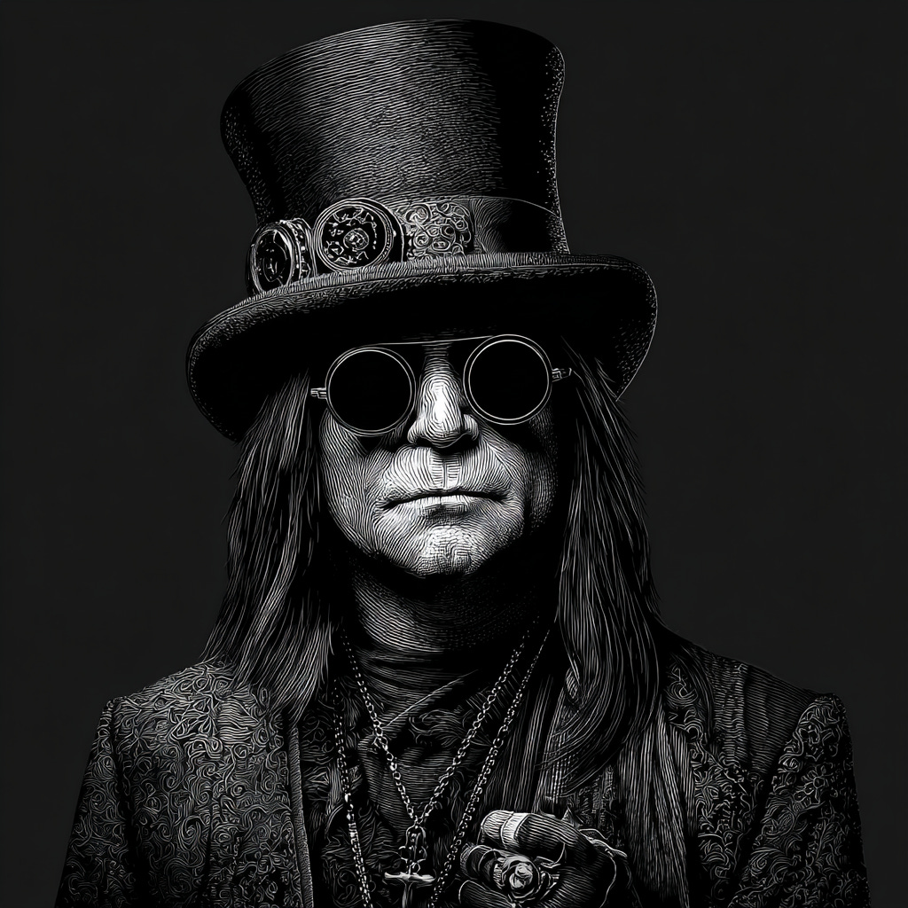 a man wearing round glasses and top hat