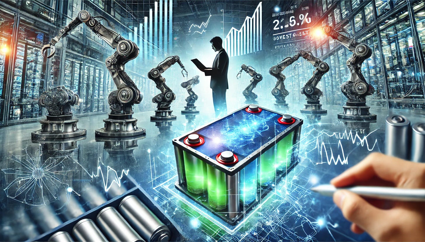 A dynamic and futuristic image depicting China's rapid advancements in battery technology. The scene includes a high-tech battery manufacturing facility with robotic arms assembling advanced batteries, a glowing lithium-ion battery in the foreground, and stock market graphs showing rising investment trends. A business analyst examines data on a tablet, symbolizing investment opportunities. The color scheme features electric blue and green tones to represent energy and technology.