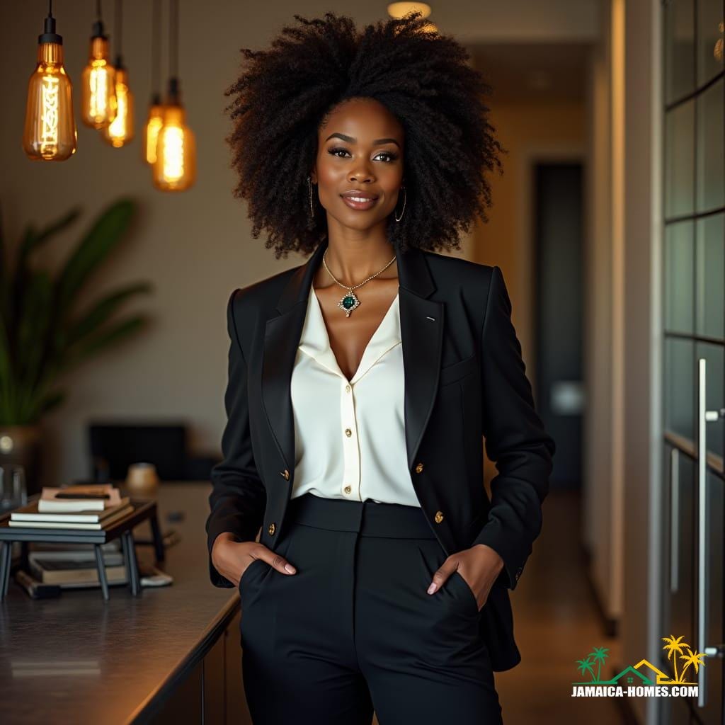 A stunning Jamaican woman with alabaster skin, curvaceous figure, and effortless poise, exudes confidence and sophistication in a tailored, high-collared power suit, adorned with subtle Rastafarian accents, her natural curls or styled locs adding a touch of cultural flair. With a warm, inviting smile, she stands in a sleek, modern office, surrounded by minimalist decor, polished wood accents, and expansive glass windows, her professionalism and success palpable.