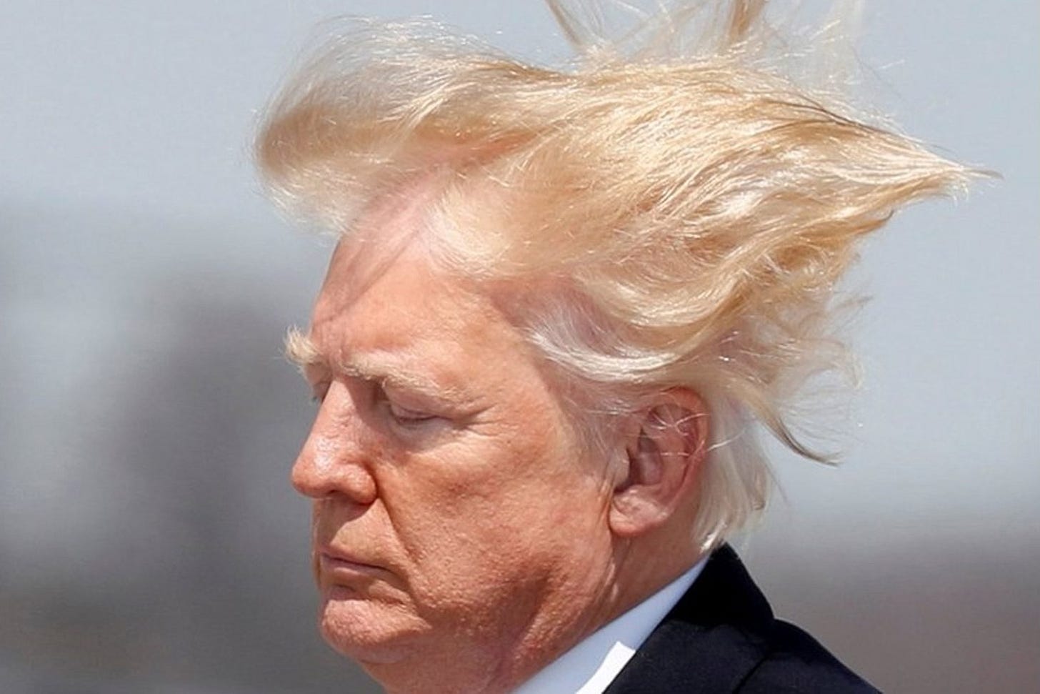 Donald Trump di profilo, occhi abbassati, con i capelli biondi sollevati dal vento in modo caotico su sfondo grigio neutro. Donald Trump di profilo, occhi abbassati, con i capelli biondi sollevati dal vento in modo caotico su sfondo grigio neutro.