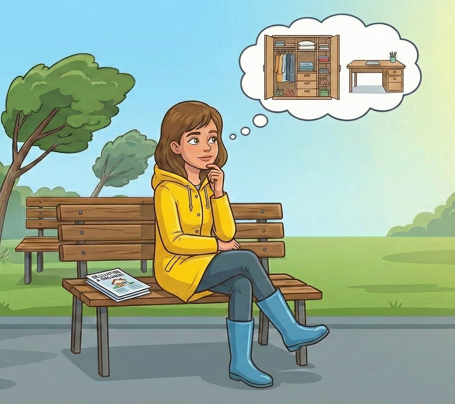 Illustration of a woman on a park bench thinking about a new business idea.