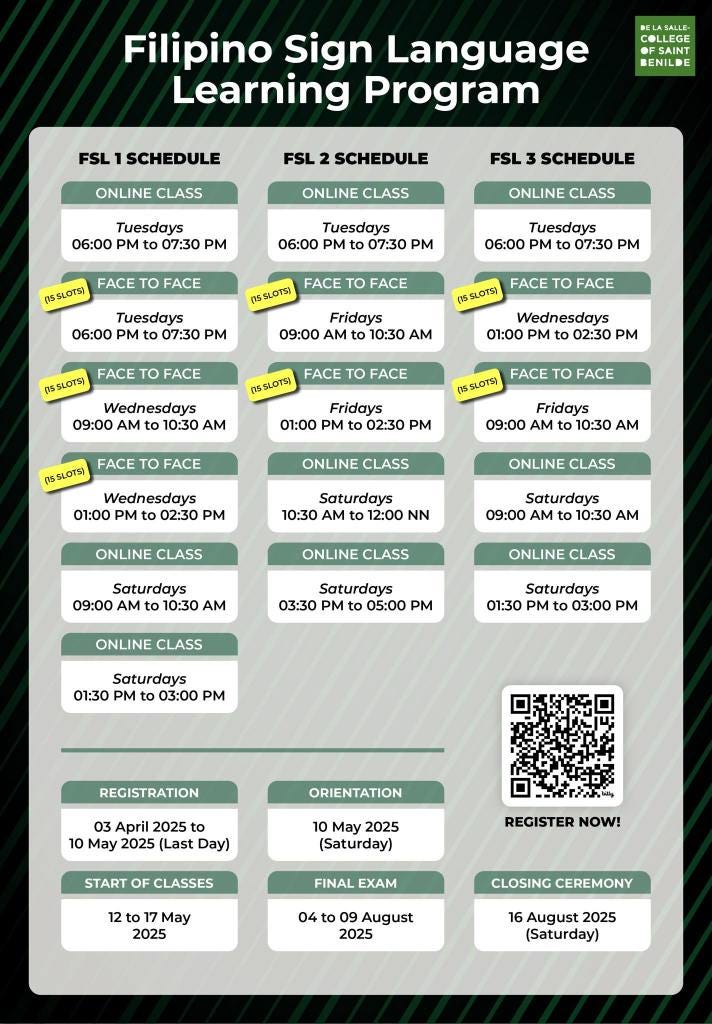 Benilde’s program and schedule for FSL 1, 2, and 3. First timers should take FSL 1. Online classes are Tuesdays and Saturdays, shown here in Philippine time. Benilde’s program and schedule for FSL 1, 2, and 3. First timers should take FSL 1. Online classes are Tuesdays and Saturdays, shown here in Philippine time.