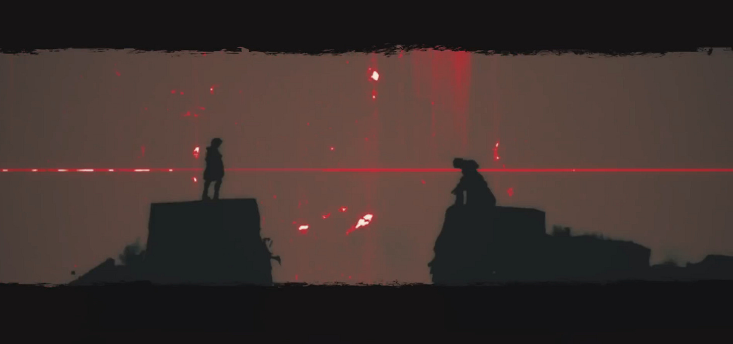 Unika and Sin in silhouette on top of rocky mountain peaks. Red lights bisect the dark sky behind them.