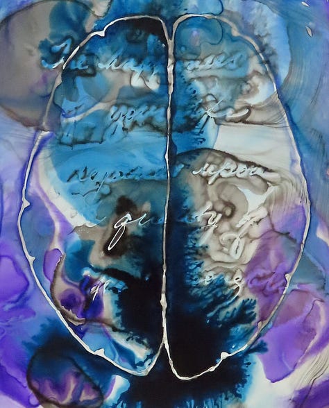 brain and neuron paintings in purple and blue ink, with text