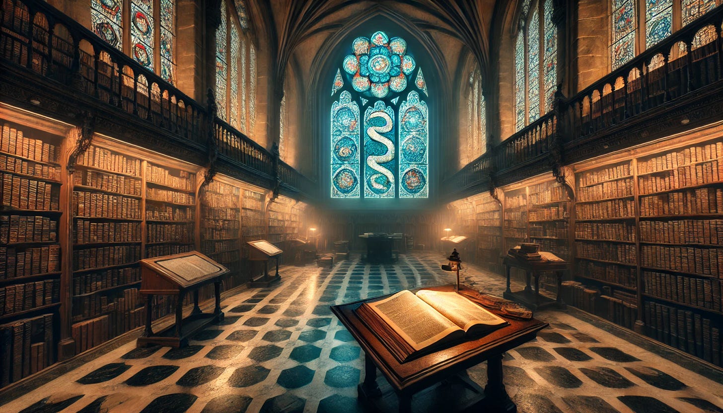 A gothic library in Santa Maria under a thick veil of mist, its stone facade sharply outlined by dim amber streetlights. The library's interior is grand and atmospheric, with towering shelves filled with ancient books, polished marble floors, and a faintly flickering fluorescent light casting uneven shadows. A large stained-glass window depicting a serpent coiled around an open book glows faintly in vibrant blues and greens, illuminating a small alcove with a wooden table. The table is cluttered with open tomes, scattered notes, and intricate diagrams, exuding the sense of ongoing arcane research. The ambiance is quiet, intellectual, and charged with an undercurrent of tension and mystery.